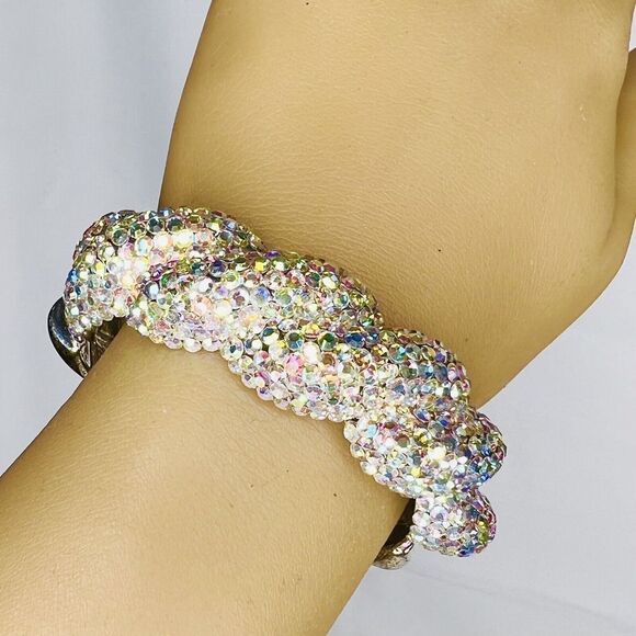 Vintage Aurora Borealis AB Rhinestone Pave Silver Clamper Bracelet Dazzling 4755 - Picture 4 of 14